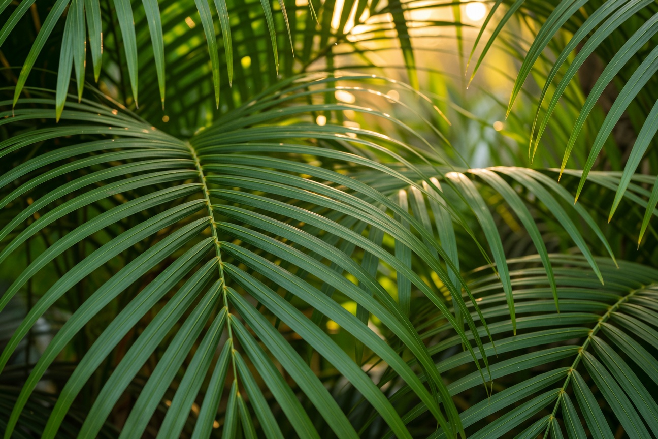 Close up of lush green palm leaves glowing in warm sunlight