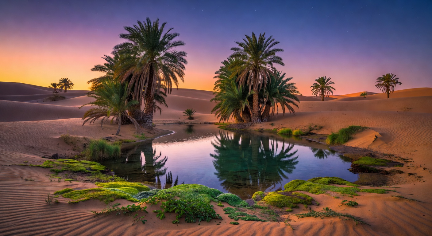 Serene desert oasis at twilight with lush palm trees